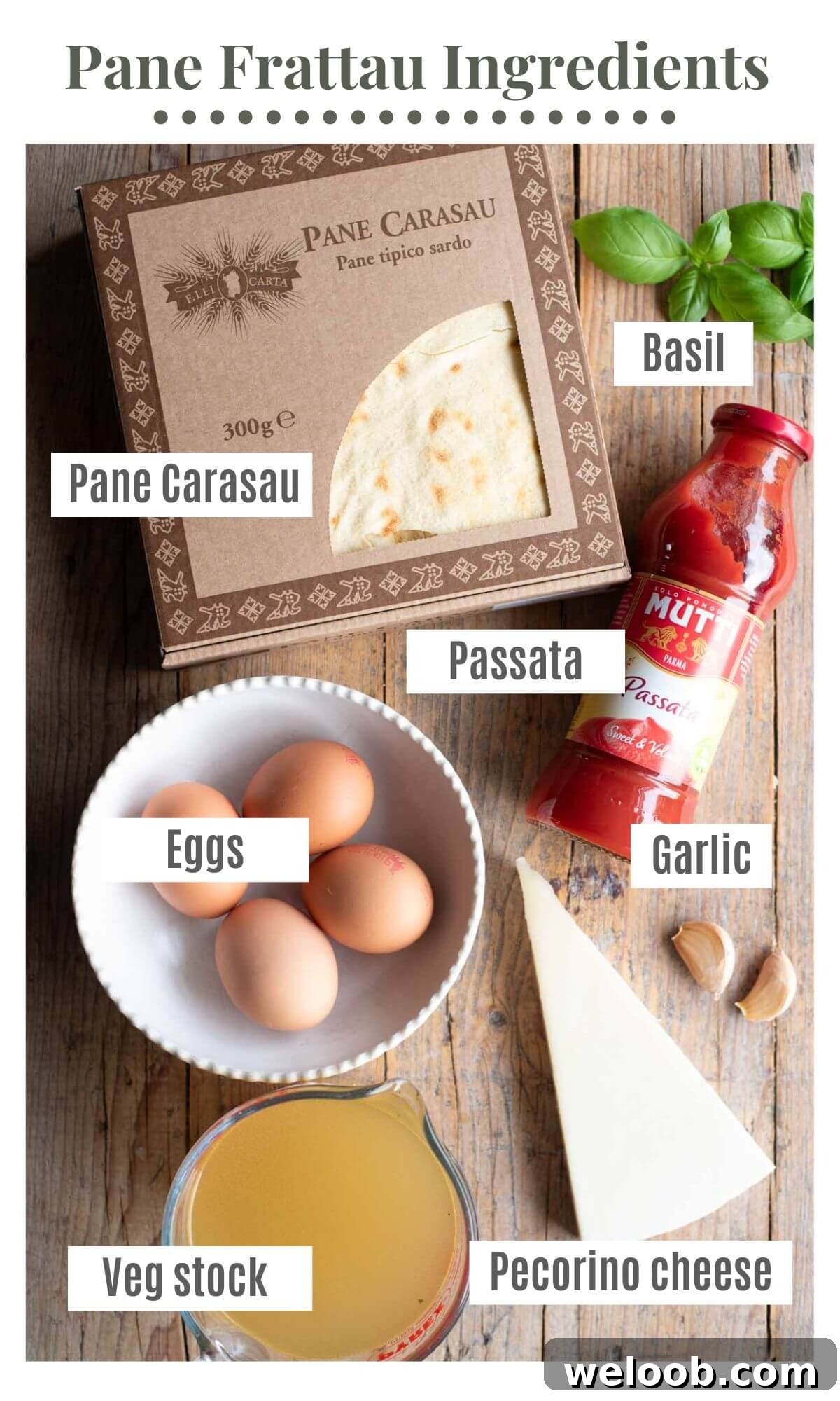 An overhead shot of all the ingredients needed to make Sardinian Pane Frattau.