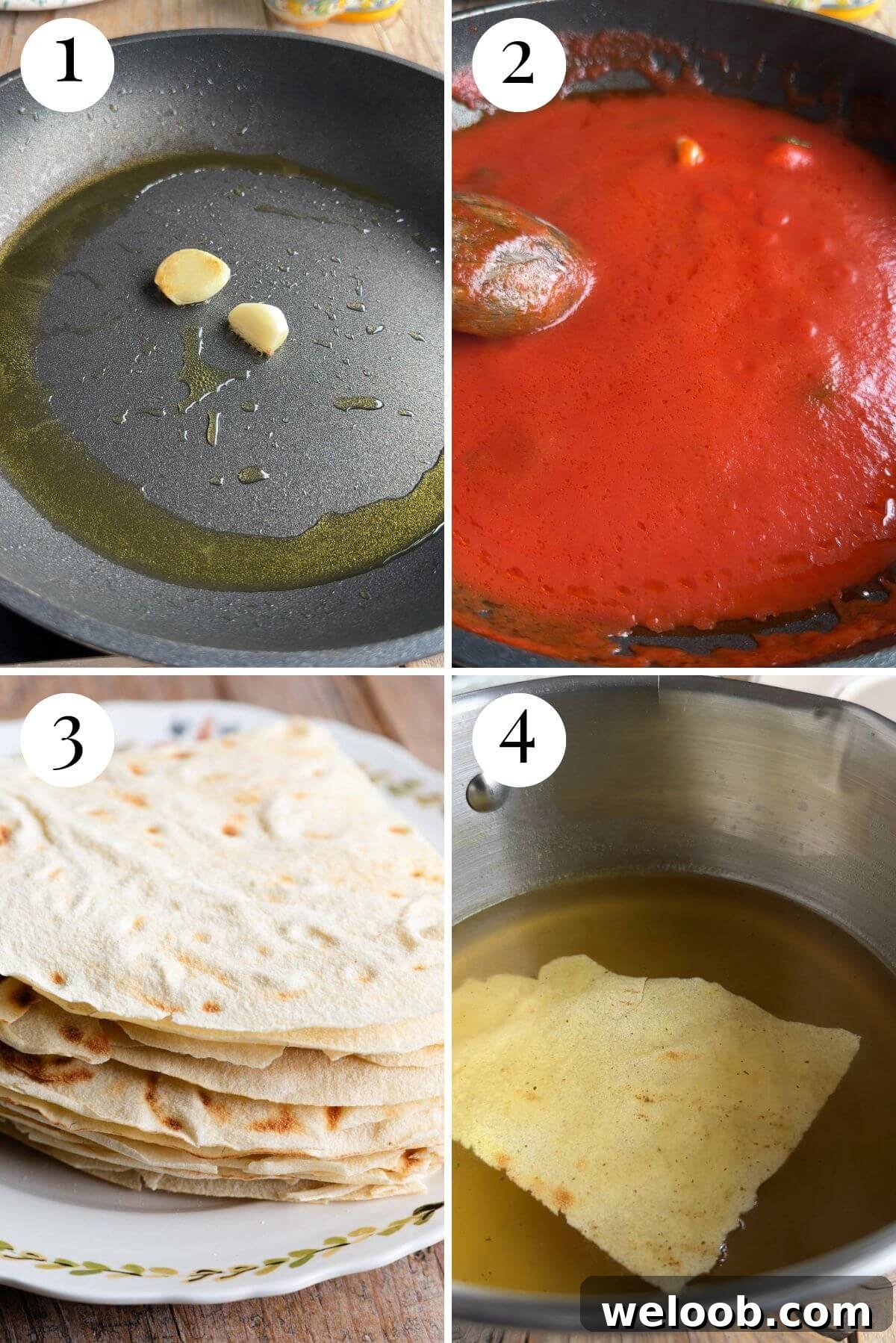 Four photos in a collage showing how to make a simple tomato sauce and drunk Pane Carasau in stock.