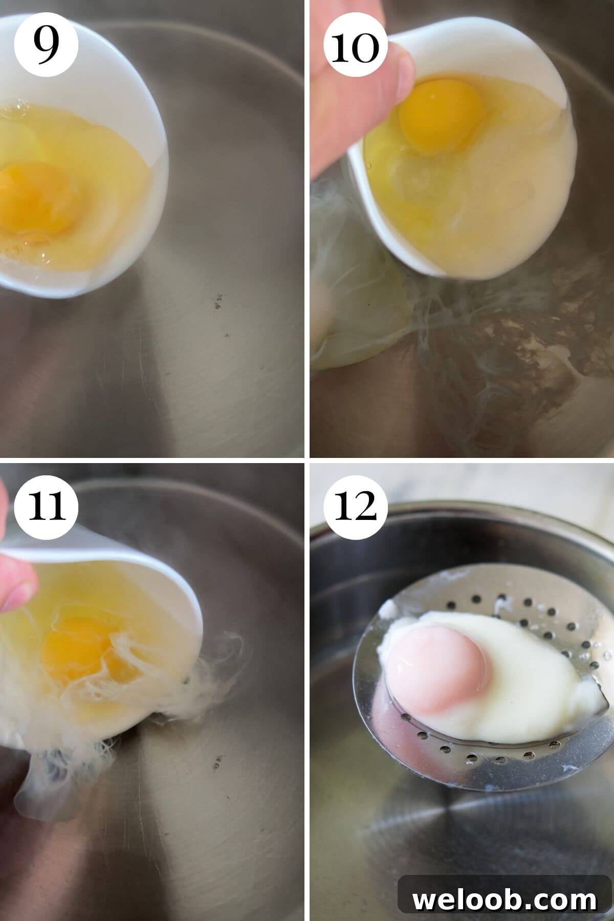 Four photos in a collage showing how to poach eggs.