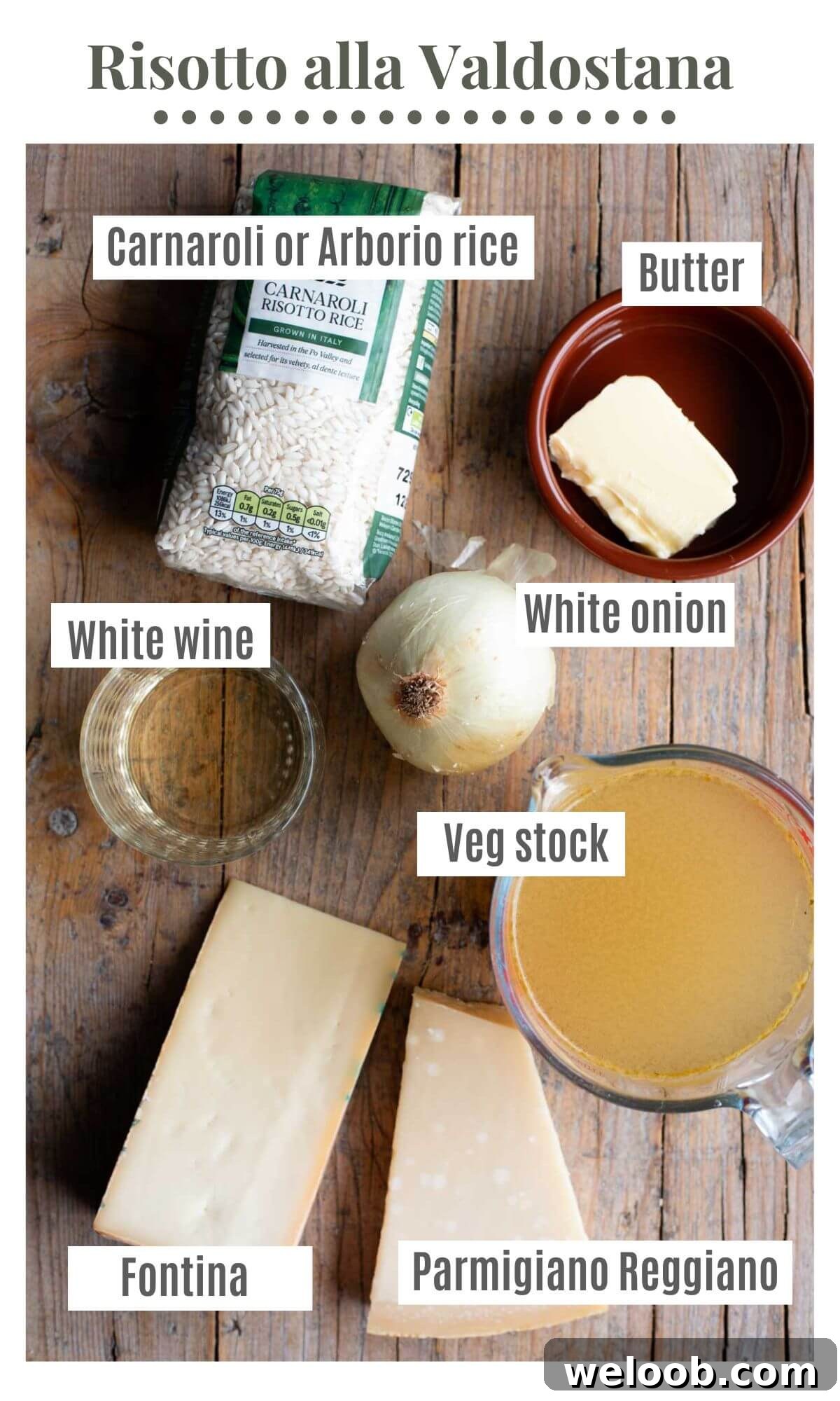 An overhead shot of all the ingredients you need to make a cheesy risotto from Aosta Valley called Risotto alla Valdostana.