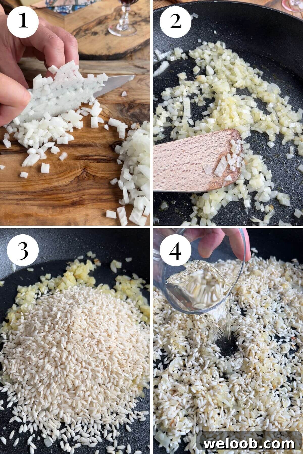 Four photos in a collage showing the first steps of making a risotto.
