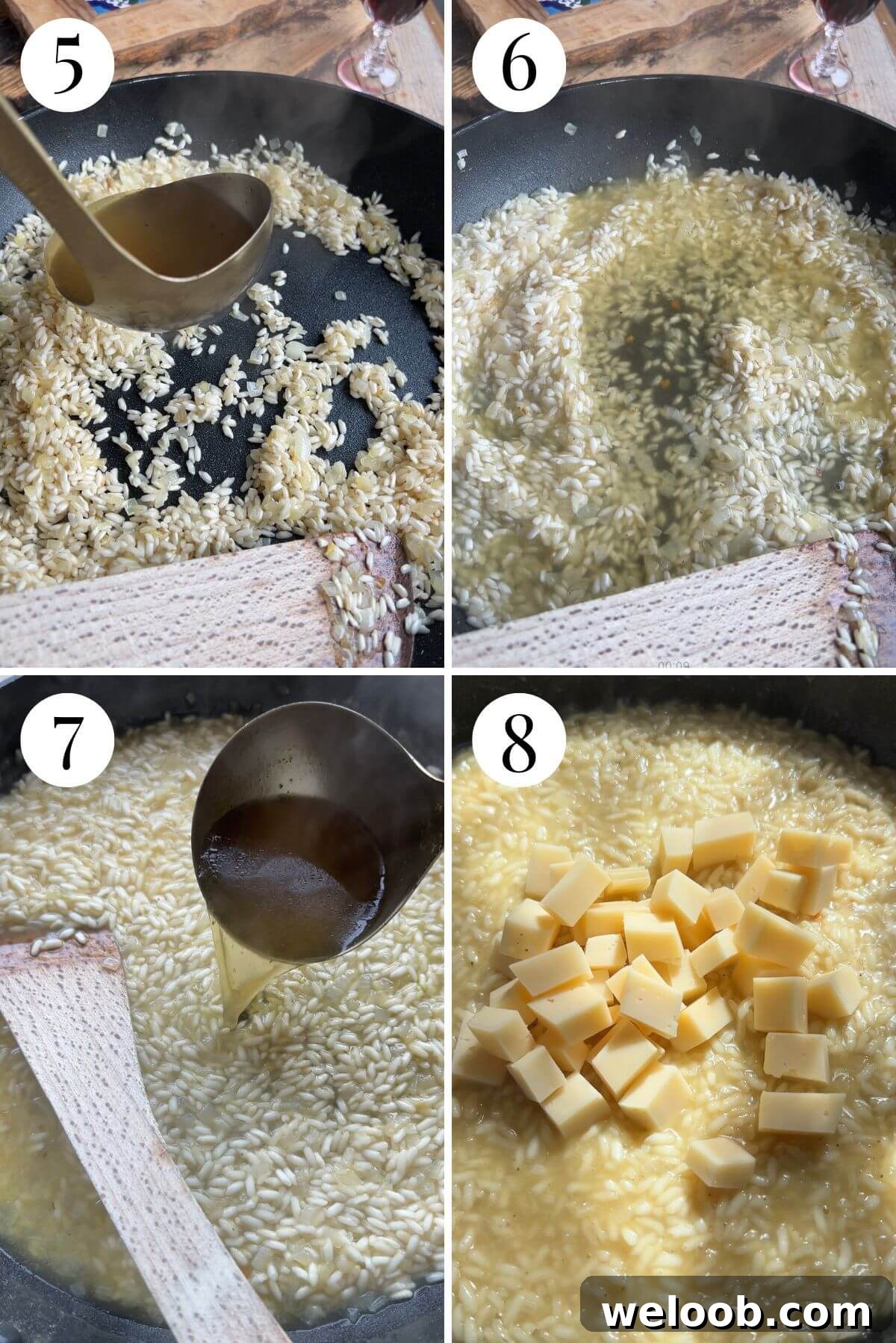 Four photos in a collage showing how to make a risotto with stock and cheese.