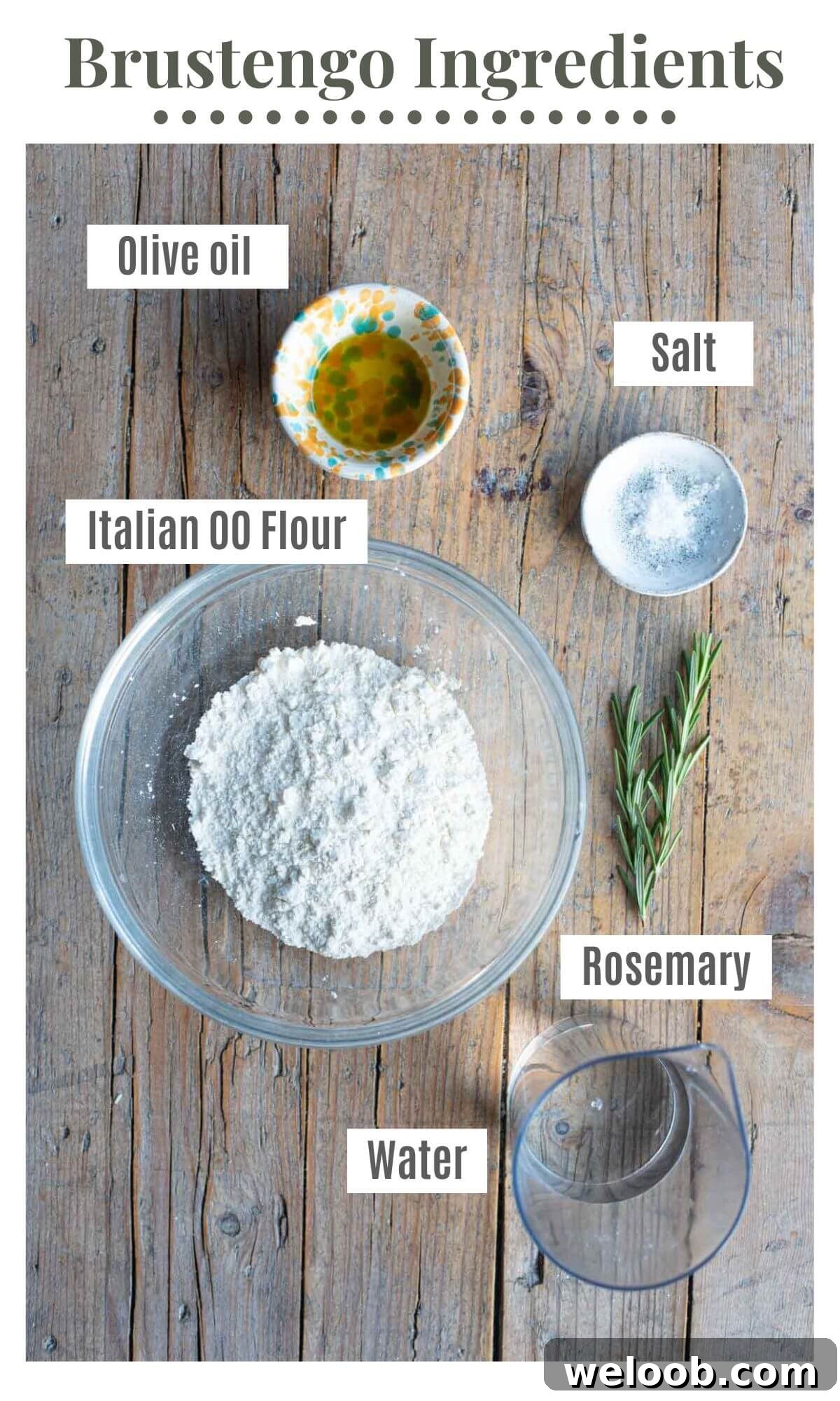 An overhead shot of all the ingredients needed to make Brustengo (Italian flatbread).
