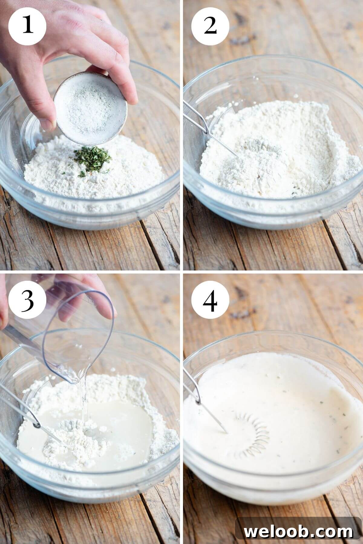 Four photos in a collage showing how to make Brustengo batter.