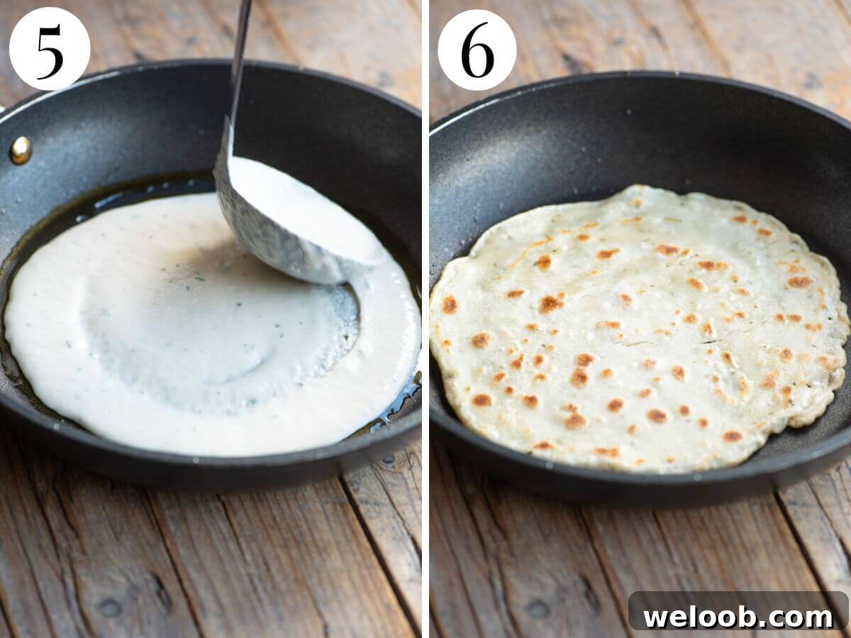 Two photos in a collage showing how to four batter into a pan and make an Italian flatbread.