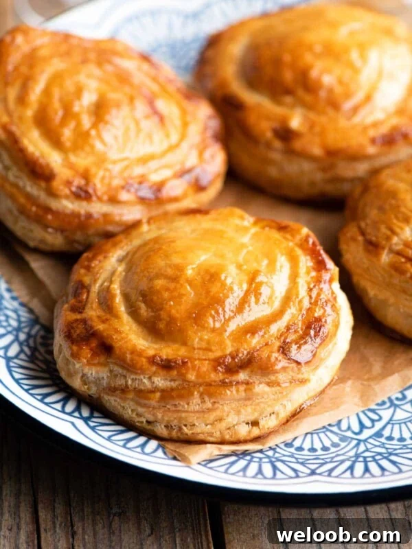 Four Rustici Leccesi (Italian pastries) on a blue plate.