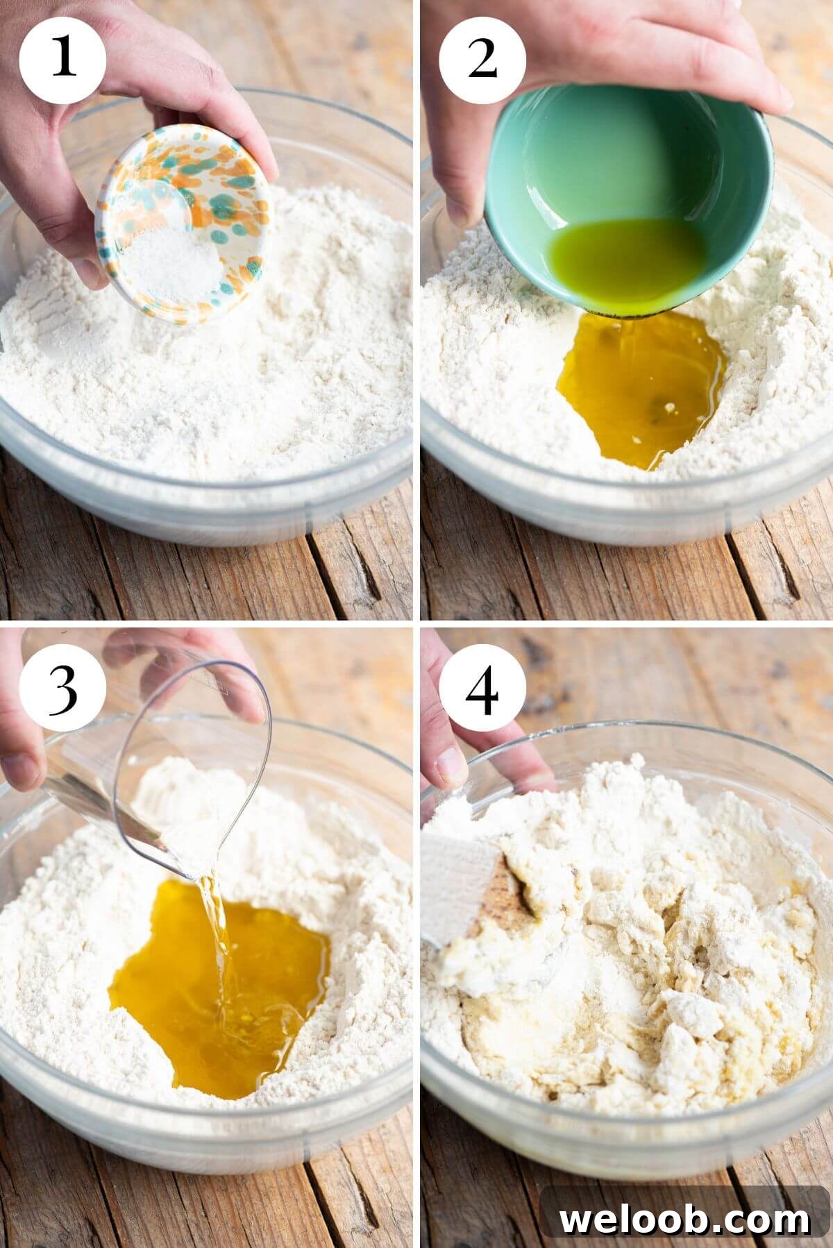 Four photos in a collage showing how to make a rough dough with olive oil and white wine.