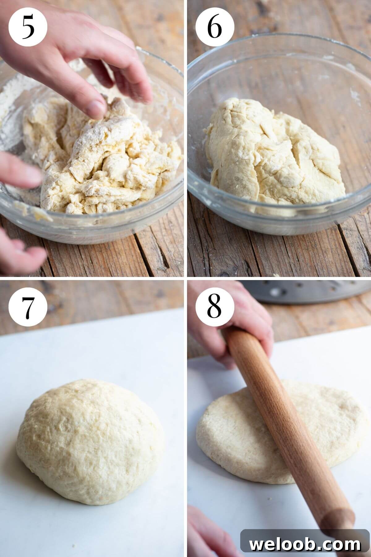 Four photos in a collage showing how to knead and roll out the dough to make Pizza Scima.
