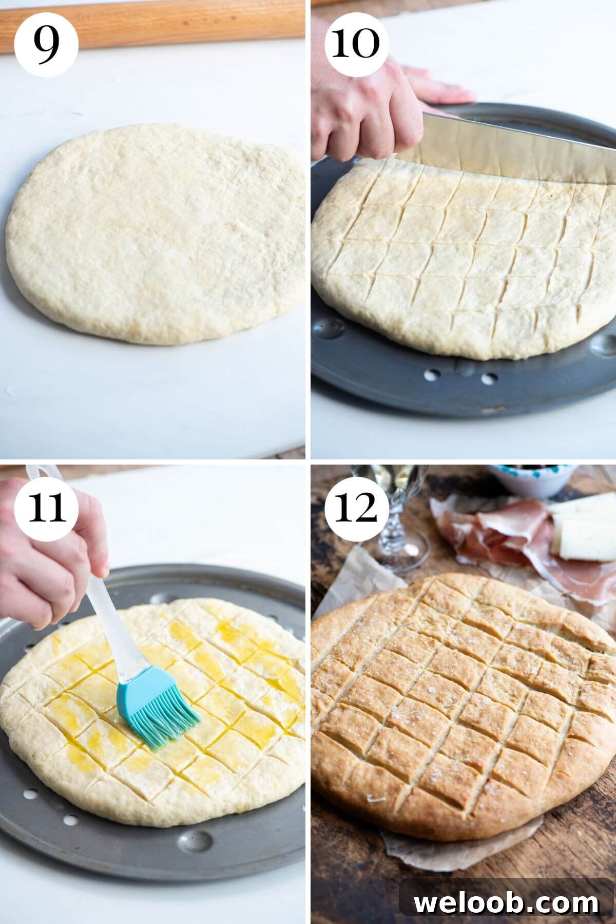 Four photos in a collage showing how to score and bake Pizza Scima.