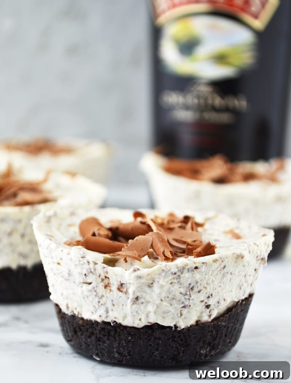 A close up of baileys cheesecakes with a bottle of baileys in the background