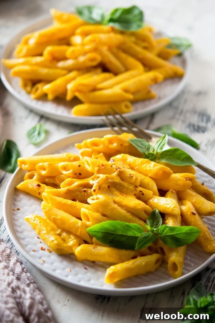 A close up of butternut squash pasta on a plate with basil