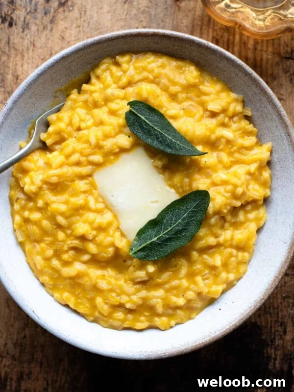 An overhead shot of a Pumpkin Risotto with a slice of Taleggio cheese and crispy sage on top.