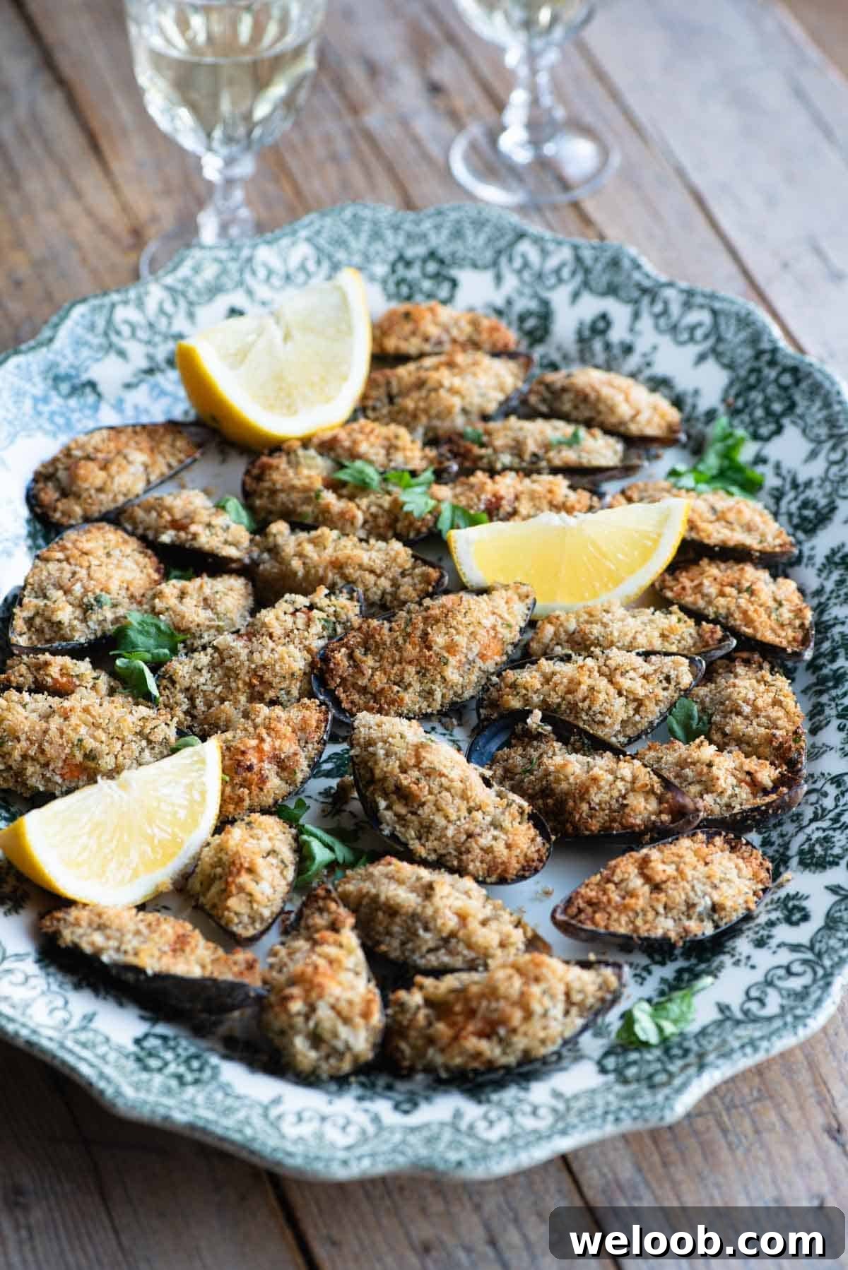 Italian stuffed mussels on a large serving plate with lemon wedges and 2 glasses of wine in the background.
