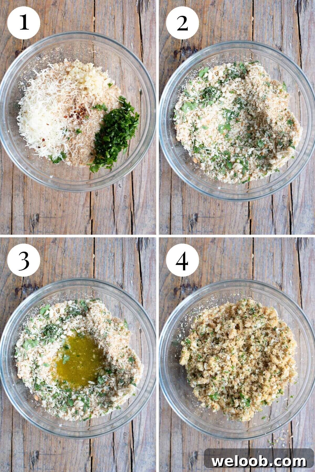 Four photos in a collage showing how to make seasoned breadcrumbs.