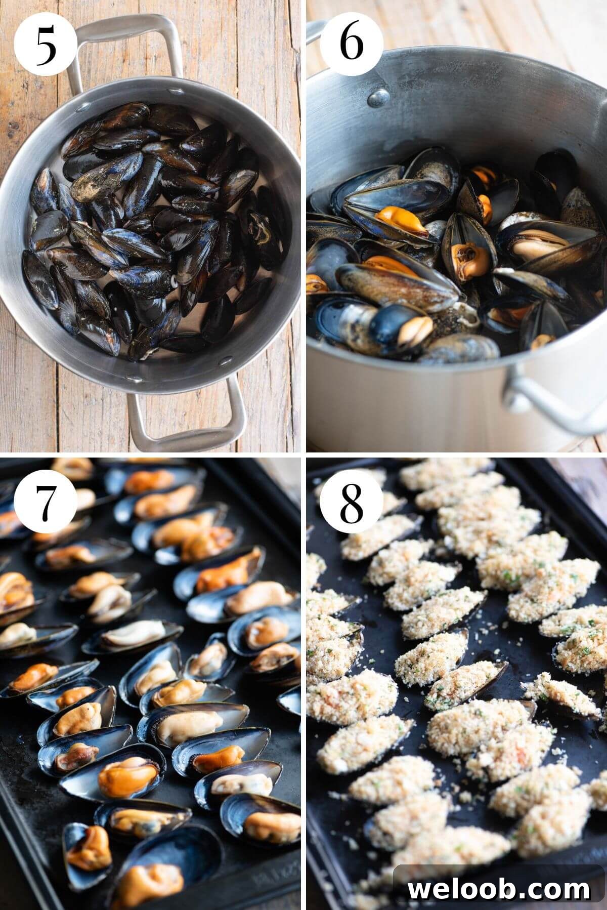 Four photos in a collage showing how to stuff mussels.