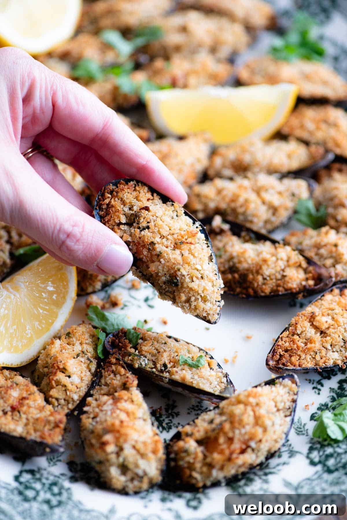 A close up of a hand holding a stuffed mussel over a serving plate.