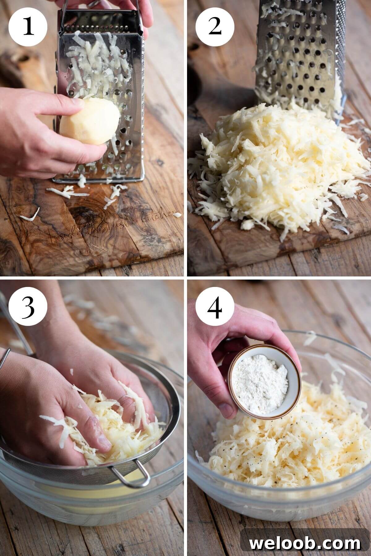 Four photos in a collage showing how to grate potatoes and squeeze out liquid.