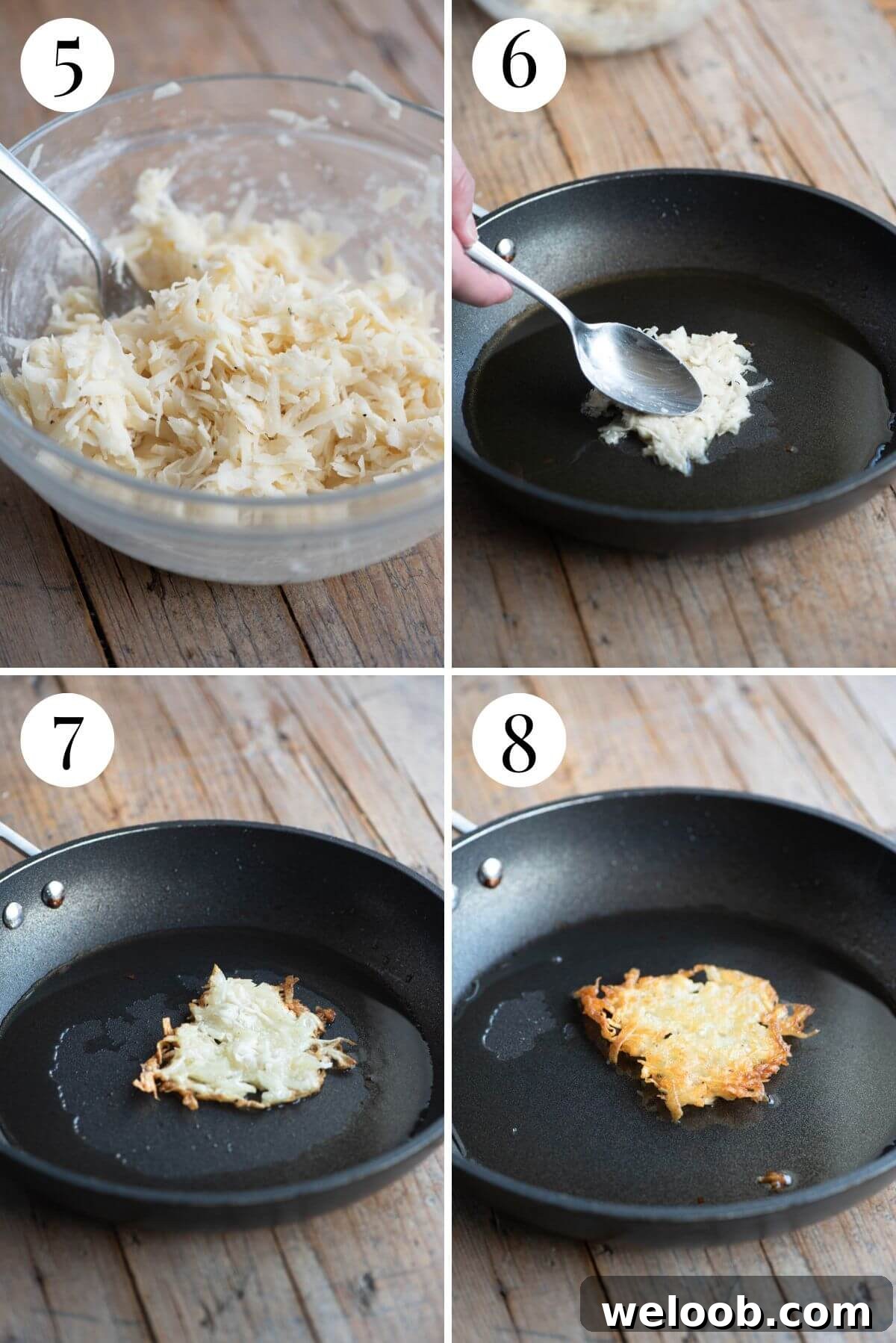 Four photos in a collage showing how to fry potato fritters.