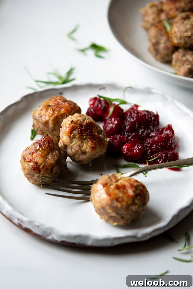 A close up of sausage stuffing balls on a plate with cranberry sauce