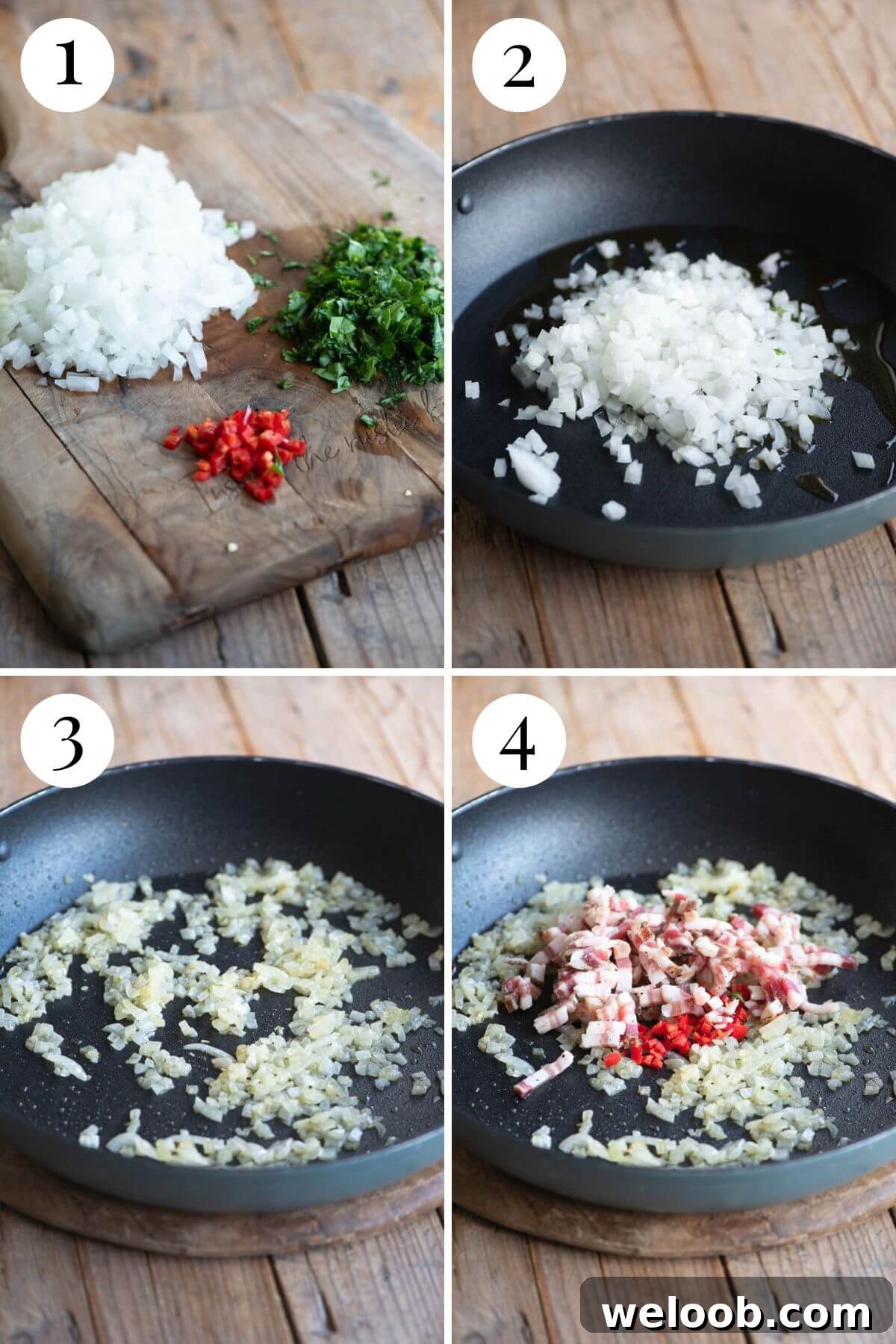 Four photos in a collage showing how to prep onion and herbs and saute pancetta.