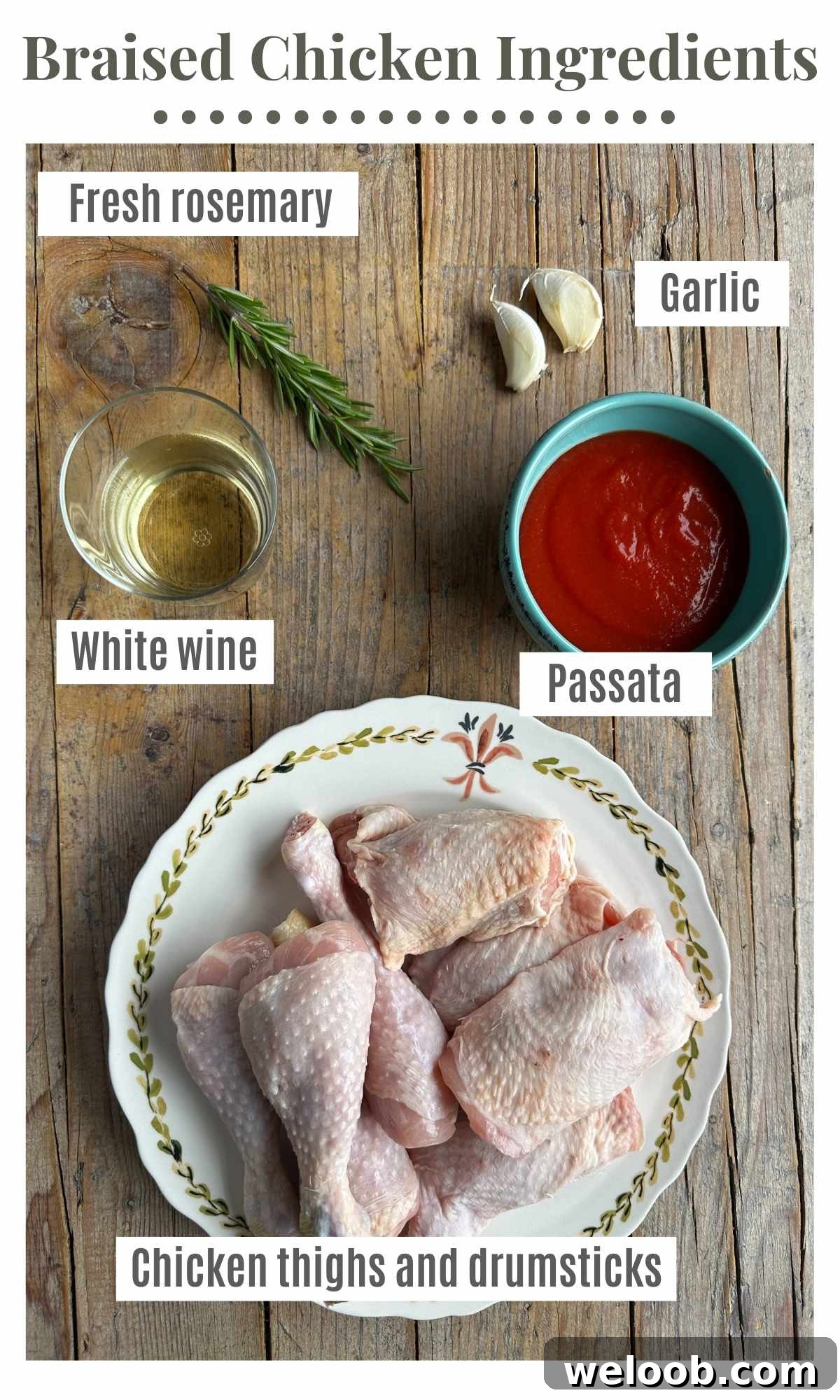 An overhead shot of all the ingredients needed to make Pollo in Potacchio, Italian braised chicken.
