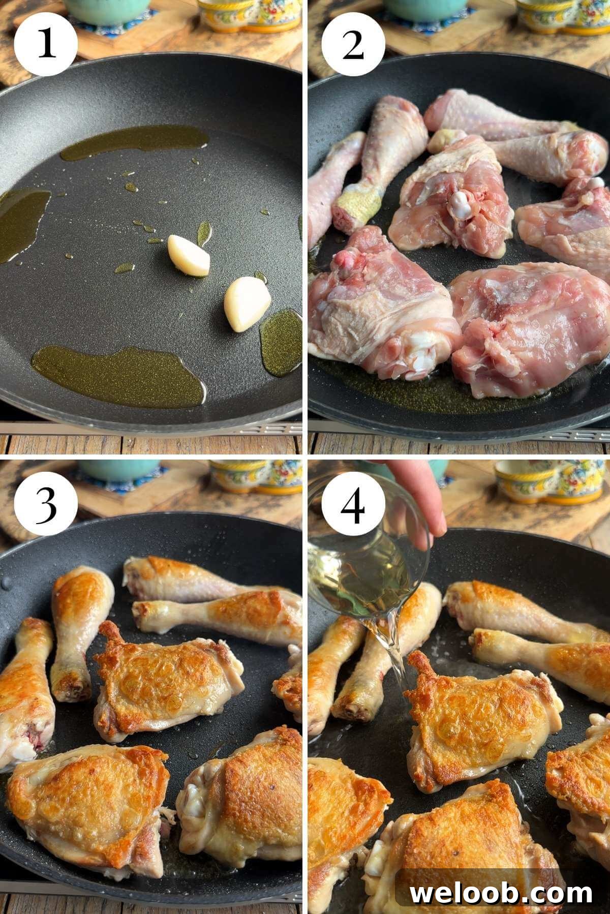 Four photos in a collage showing how to brown chicken and saute garlic.