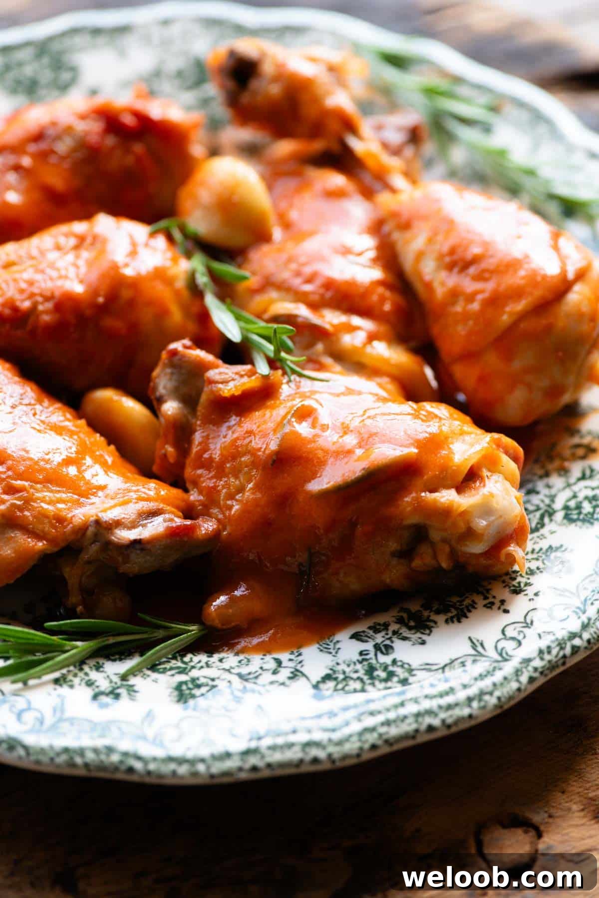 A close up side shot of a chicken thigh in tomato sauce (Pollo in Potacchio) on a green and white plate.