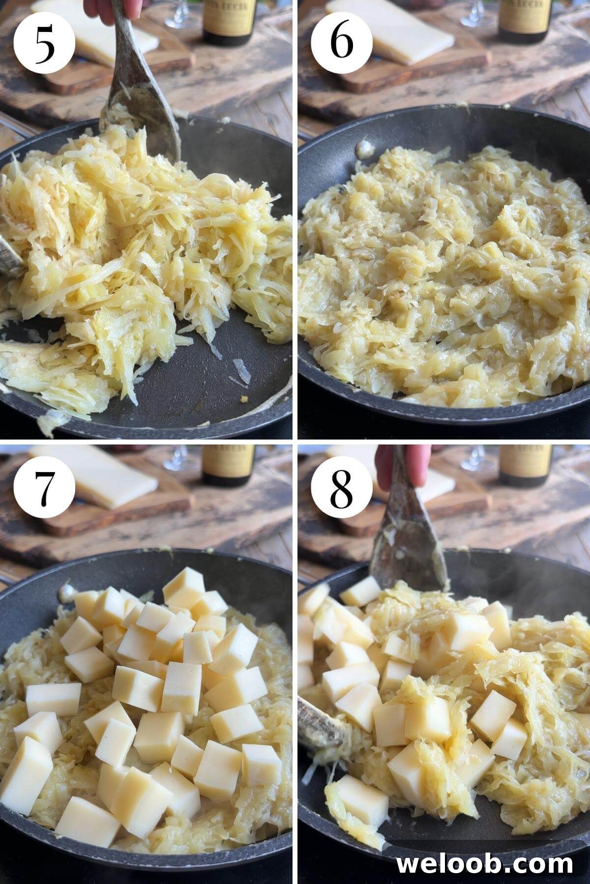 Four photos in a collage showing how to make a cheese potato and onion cake called Frico.