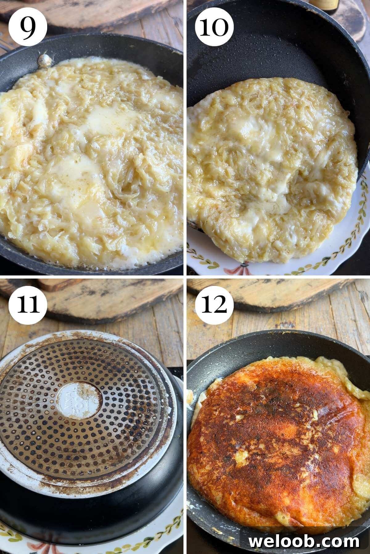 Four photos in a collage showing how to flip Frico over to cook the other side.