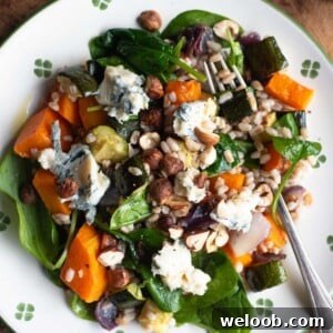 An overhead close up of a butternut squash and farro salad.