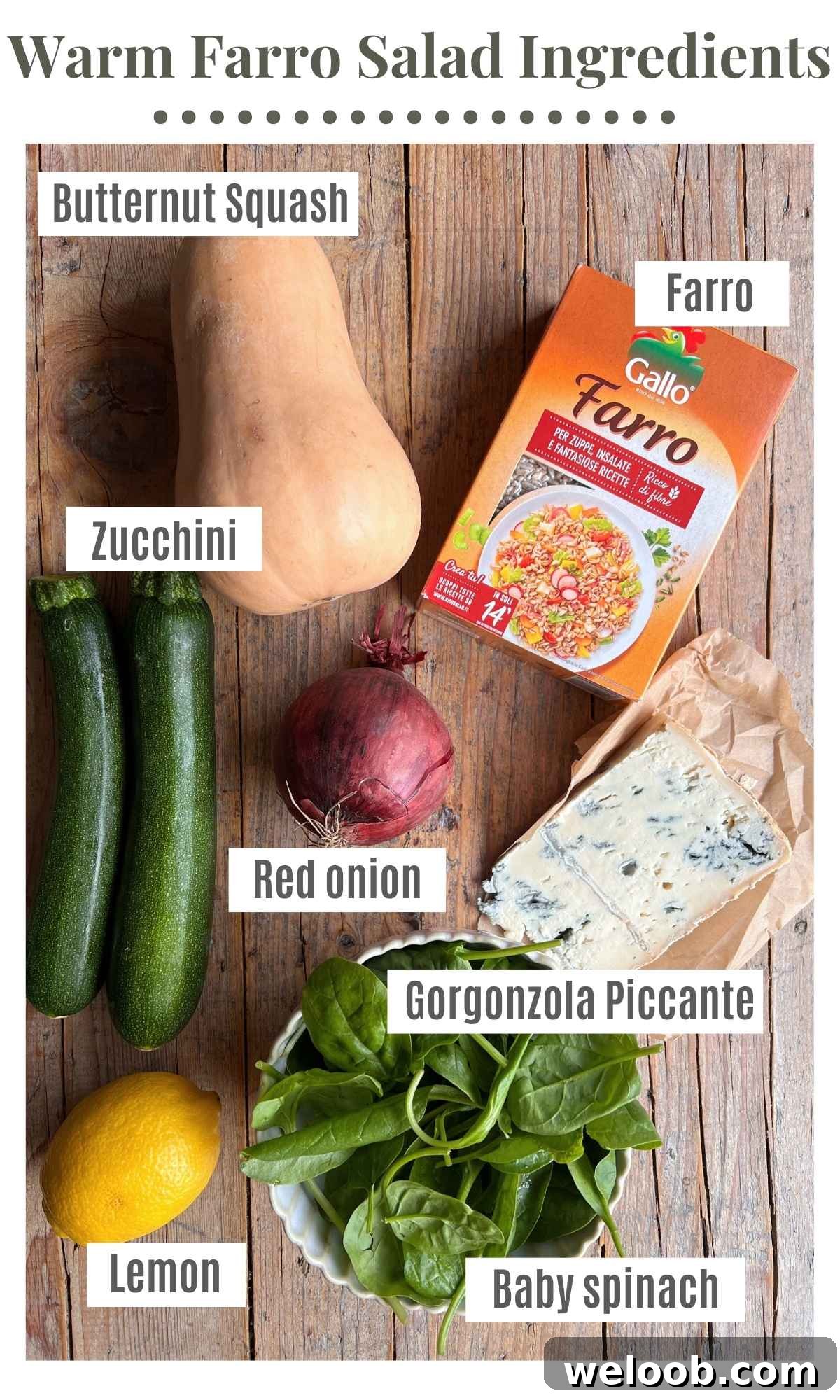 An overhead shot of all the ingredients needed to make a warm farro salad with butternut squash.