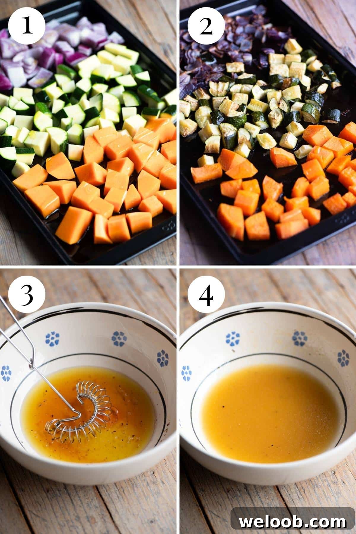 Four photos in a collage showing how to roast vegetables and make a salad dressing.
