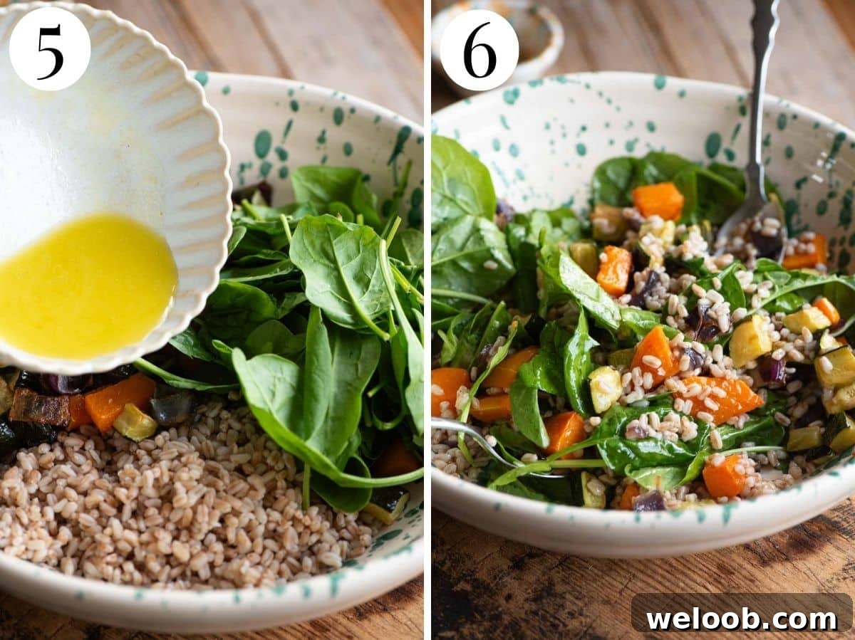 Two photos in a collage showing how to mix a farro salad.