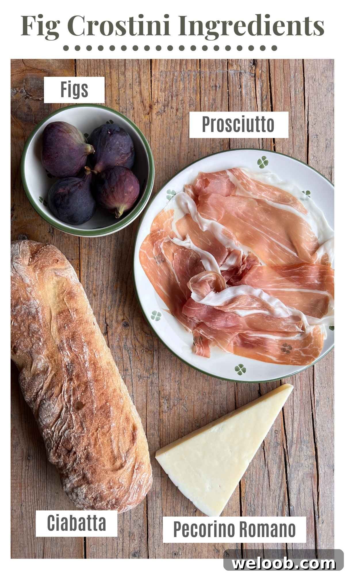 An overhead shot of all the ingredients needed to make fig crostini with pecorino and prosciutto.