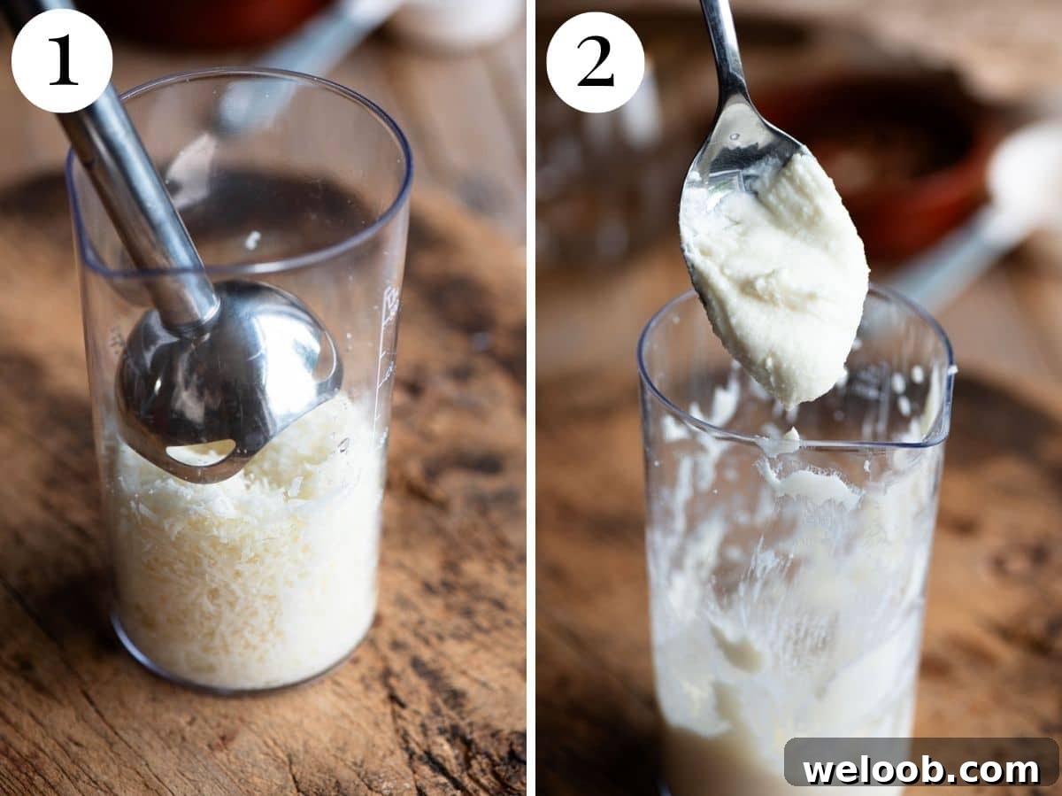 Two photos showing how to make Pecorino cream with an immersion blender.