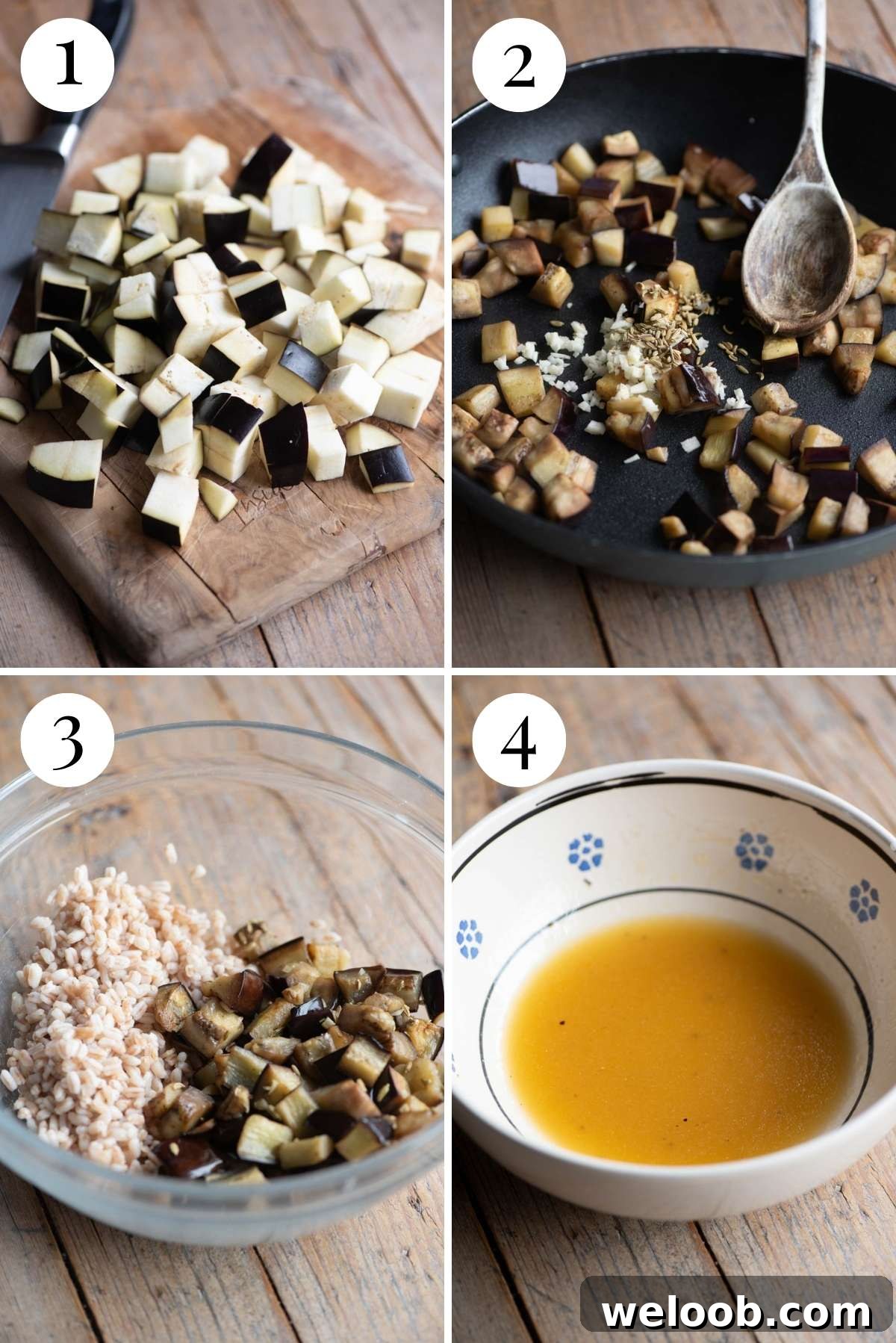 Four photos in a collage showing how to saute eggplant and make a dressing.