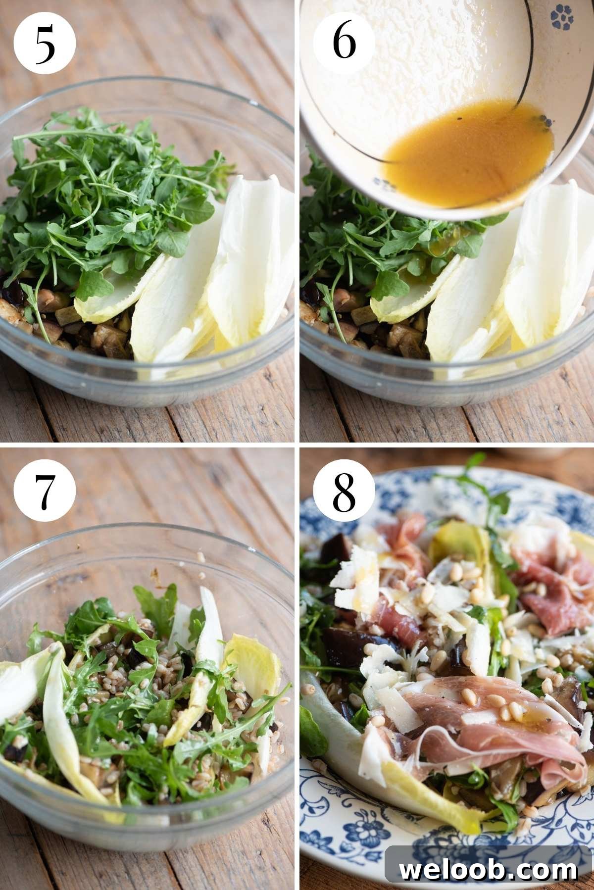 Four photos in a collage showing how to assemble an eggplant and farro salad.