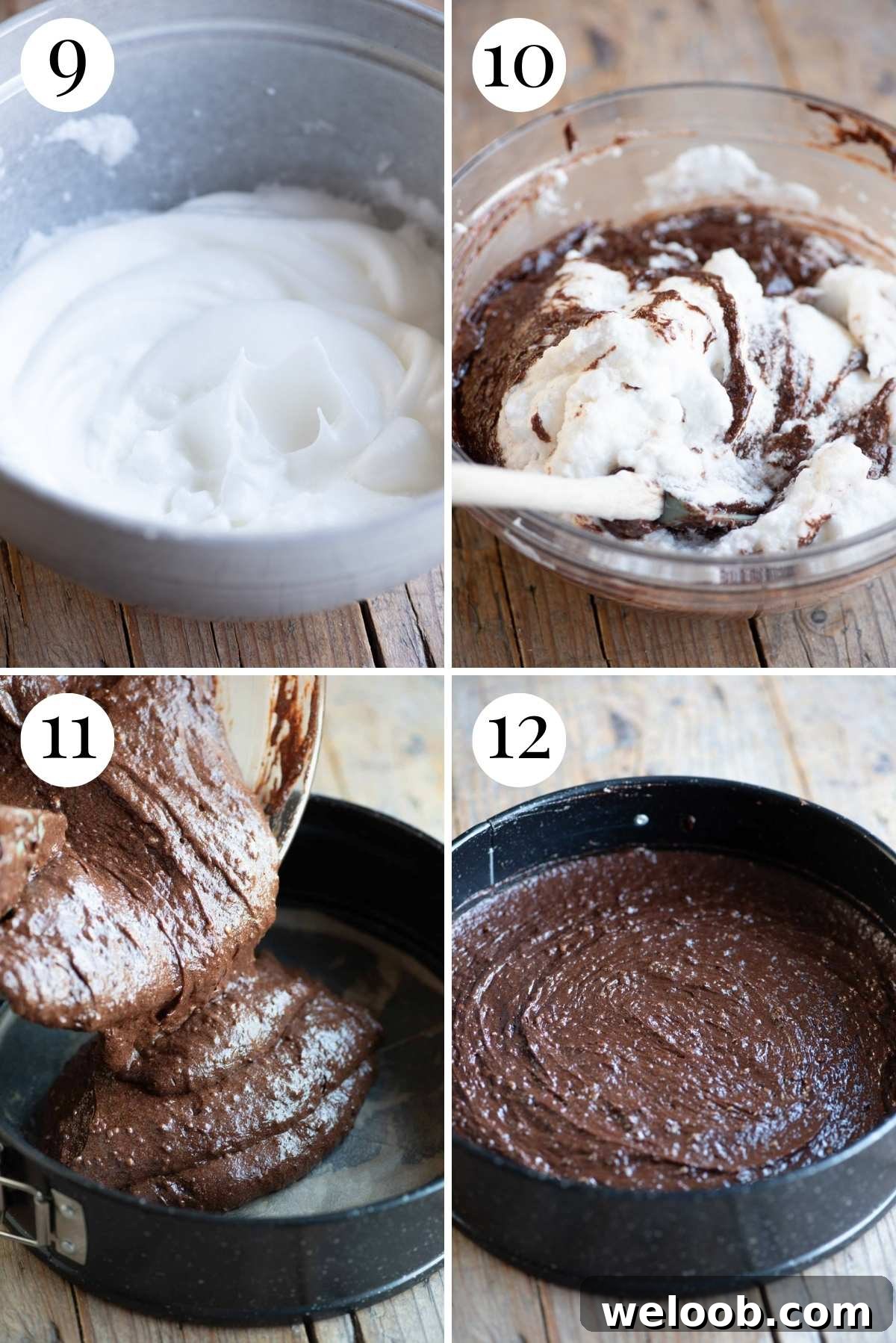 Four photos in a collage showing how to fold egg whites into cake batter.
