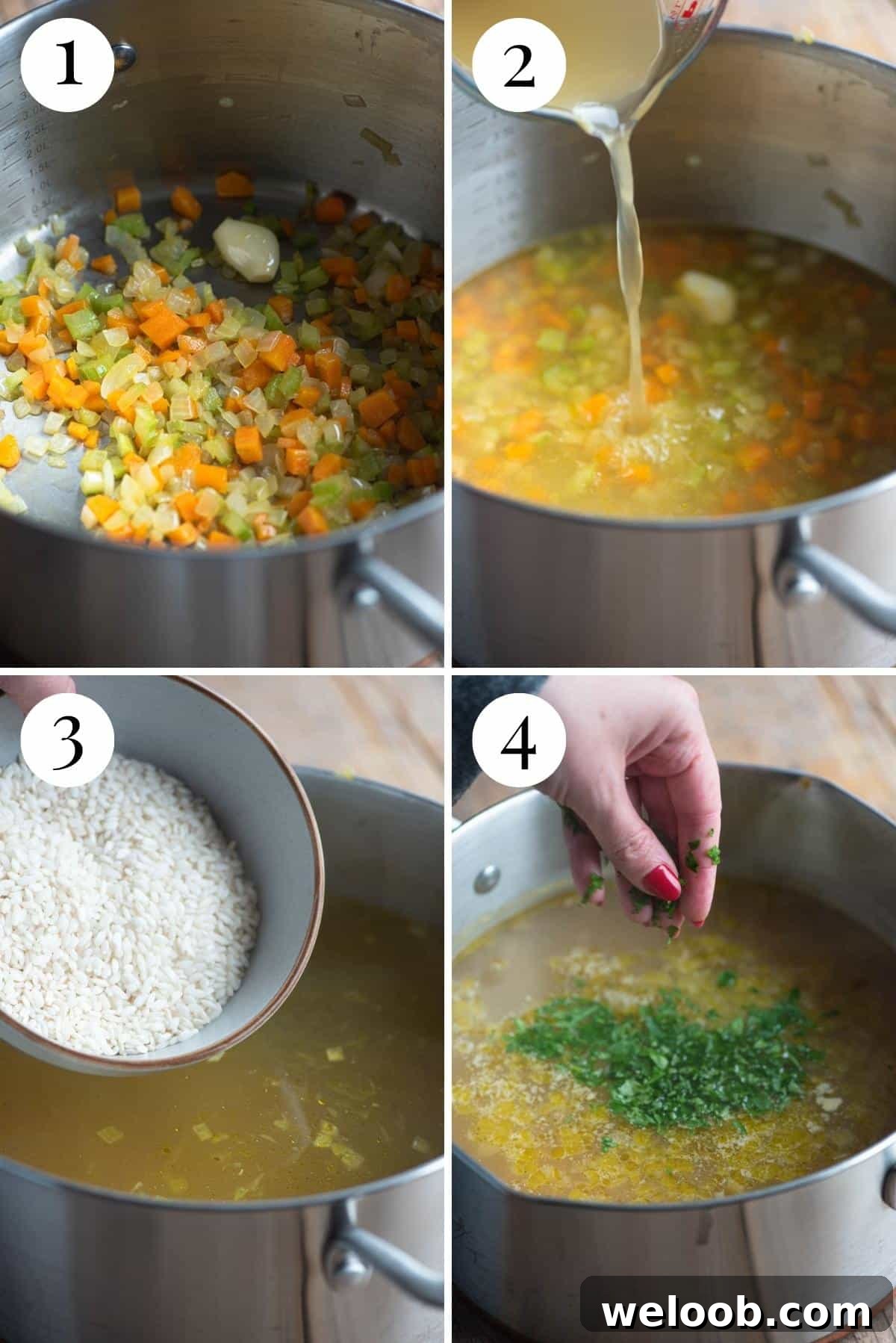Four photos in a collage showing how to make Italian rice soup.