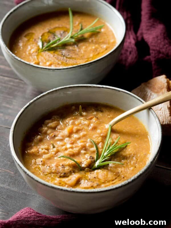 Tuscan farro soup in a bowl with a spoon and rosemary