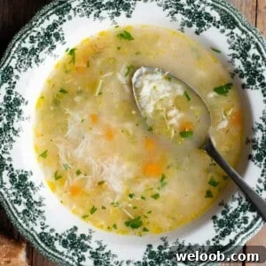 A cropped close up of rice soup in a green and white bowl with a spoon inside.