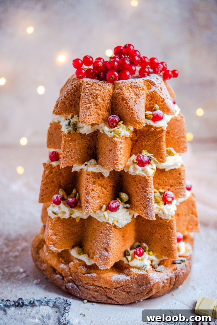 A close up of a pandoro christmas tree cake with fairy lights in the background