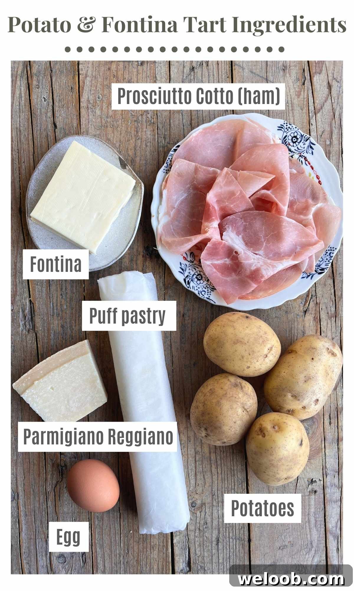 An overhead shot of ingredients needed to make a potato and puff pastry tart.