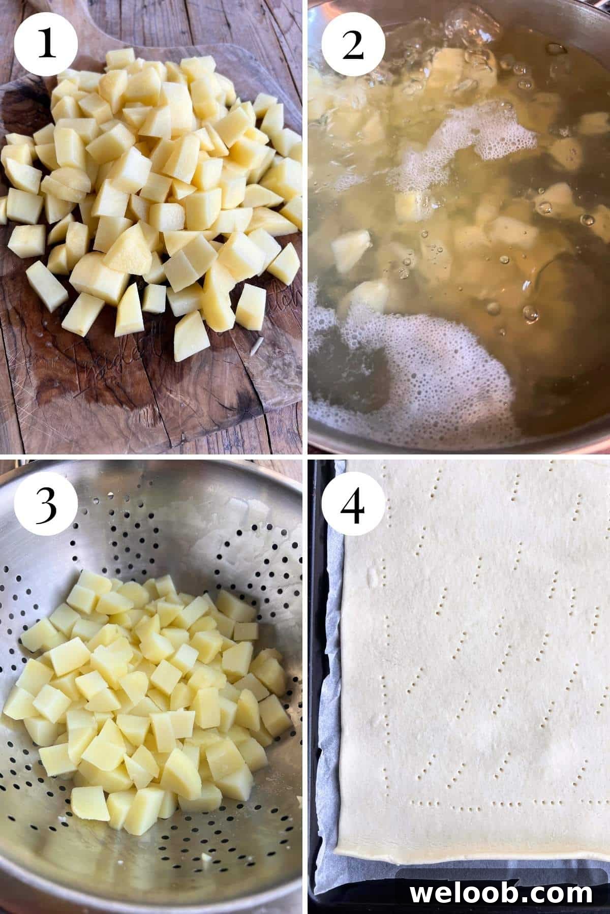 Four photos in a collage showing how to parboil and prepare potatoes.