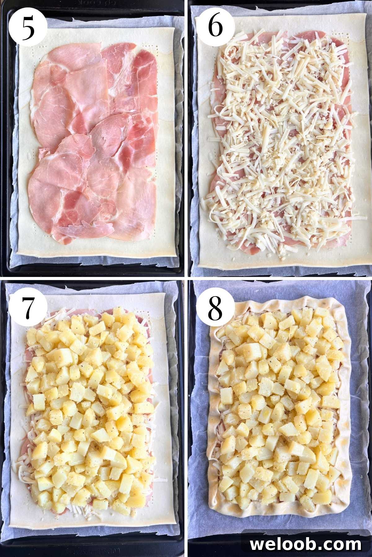 Four photos in a collage showing how to assemble and bake a puff pastry and potato tart with fontina and ham.