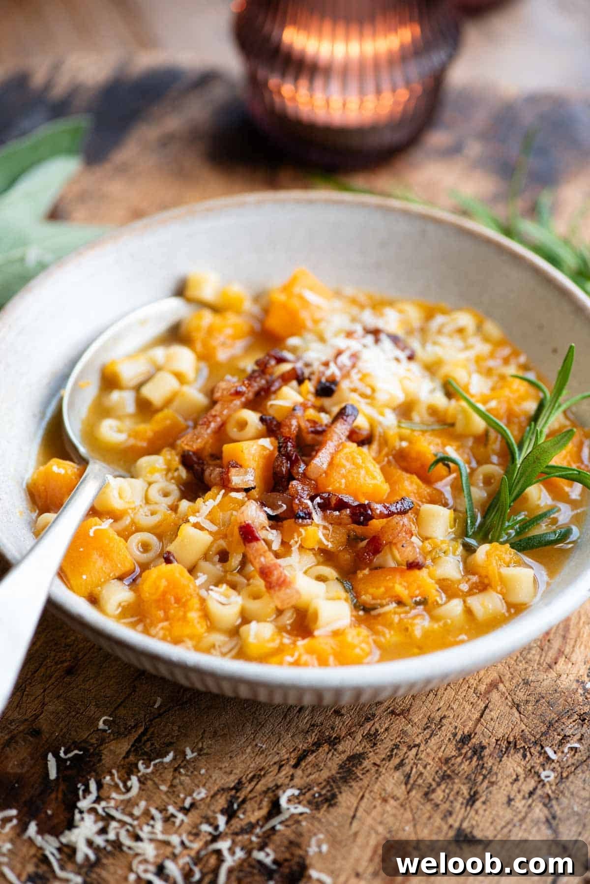 A butternut squash and pasta soup topped with pancetta and a sprig of rosemary. The bowl is on a wooden table.