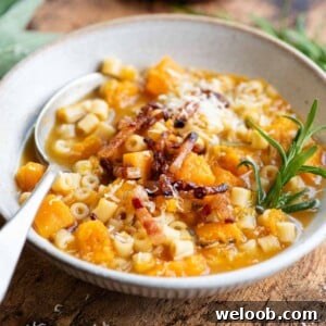 A close up cropped image of a bowl of butternut squash and pasta soup on a wooden background.