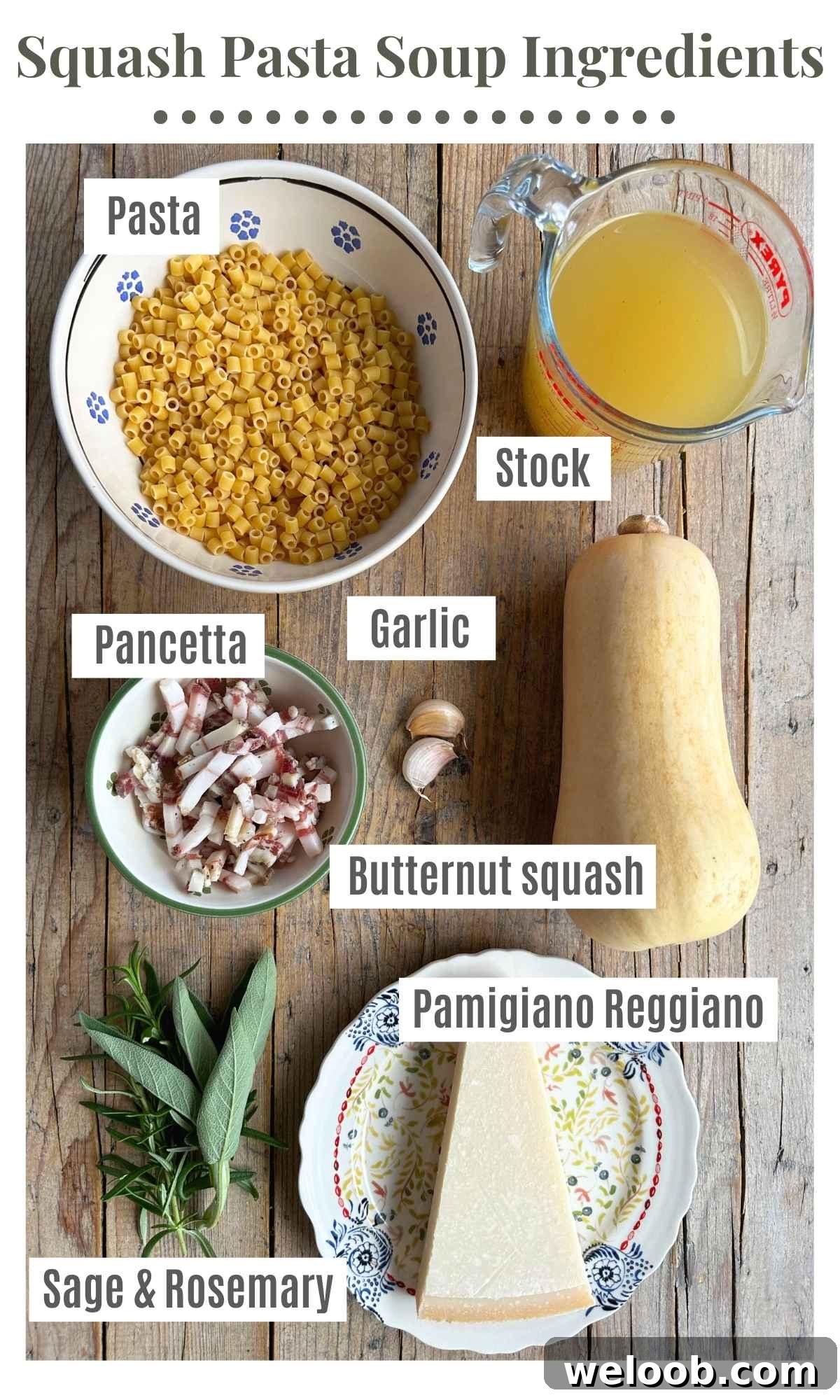 An overhead shot of all the ingredients needed to make a butternut squash pasta soup.