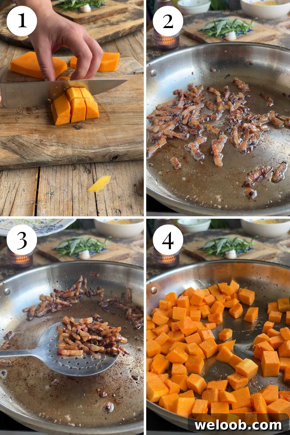 Four photos in a collage showing how to fry and saute pancetta and squash.