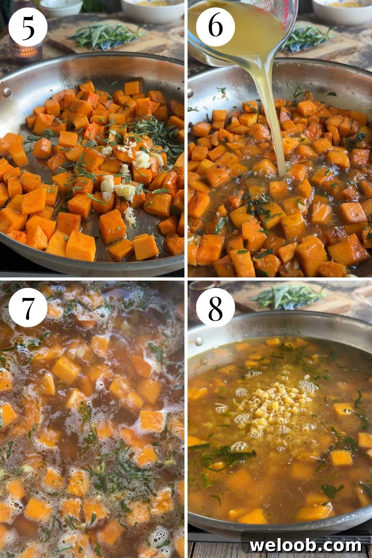 Four photos in a collage showing how to make squash soup with pasta.